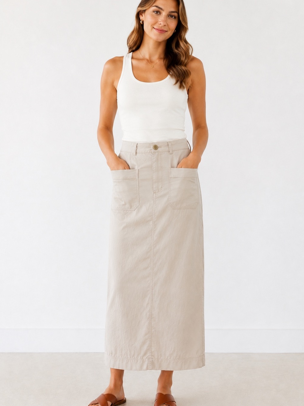 Maeve Cream Long Utility Pocket Maxi Skirt